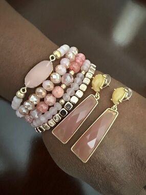 Stylish Pink Beaded Stretch Bracelet Stack with Pink Drop Earrings